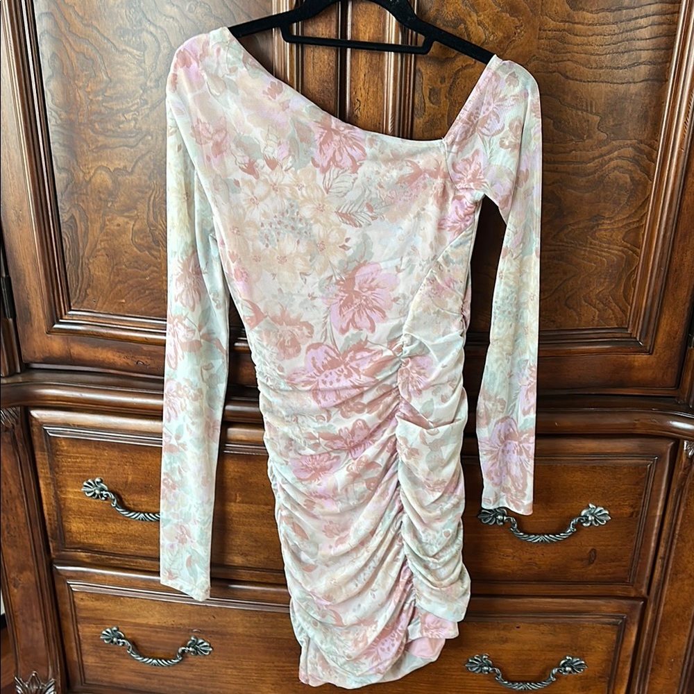 Floral Pink and White Ruched Dress